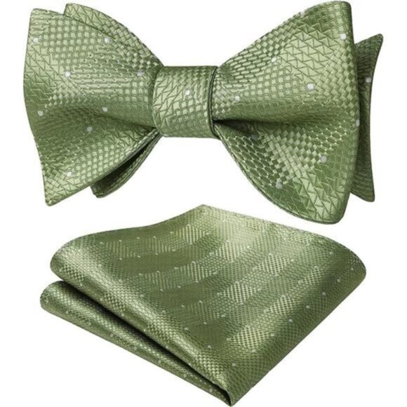Check Plaid Self Tie Bow Tie and Pocket 02-green-1 - Picture 2 of 6